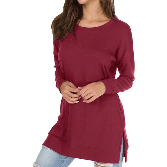 Women's Long Sleeve Loose Blouse Casual Burgundy Pullover Tunic Top - Picture 3 of 5
